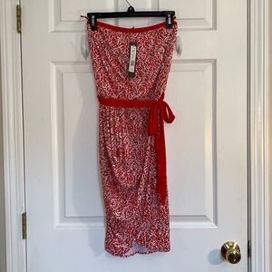 Michael Stars Strapless Dress small red chili tie waist faux wrap